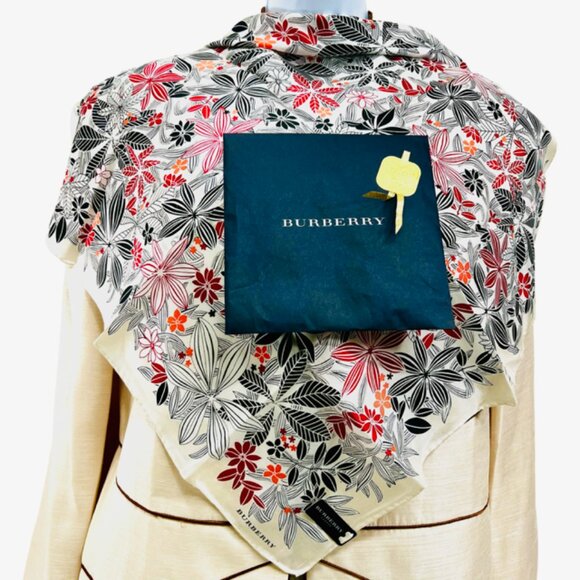 New In Box Burberry London Mini Sxarf 23" Silk/Cotton Ivery Black Red Floral (19 - Picture 1 of 13